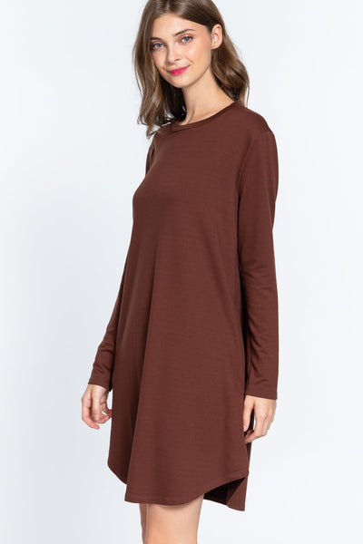 Our Best 65% Polyester 31% Rayon 4% Spandex Long Sleeve Round Neck French Terry Mini Dress (Sepia)