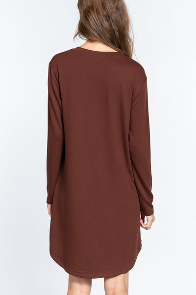 Our Best 65% Polyester 31% Rayon 4% Spandex Long Sleeve Round Neck French Terry Mini Dress (Sepia)