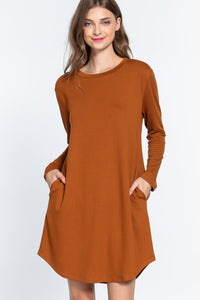 Our Best 65% Polyester 31% Rayon 4% Spandex Long Sleeve Round Neck French Terry Mini Dress (Tawny)