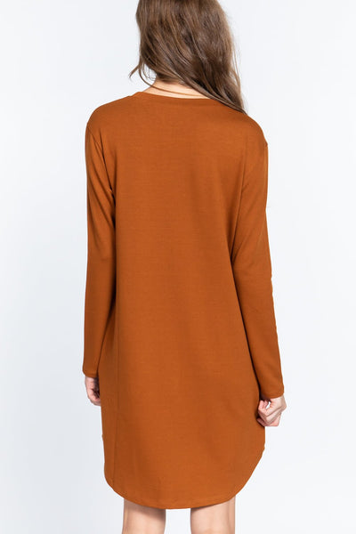 Our Best 65% Polyester 31% Rayon 4% Spandex Long Sleeve Round Neck French Terry Mini Dress (Tawny)