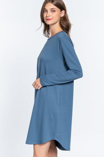 Our Best 65% Polyester 31% Rayon 4% Spandex Long Sleeve Round Neck French Terry Mini Dress (Vintage Blue)