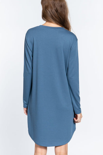 Our Best 65% Polyester 31% Rayon 4% Spandex Long Sleeve Round Neck French Terry Mini Dress (Vintage Blue)