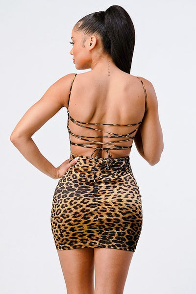 Samantha On Safari 95% Polyester 5% Spandex Strappy Back Leopard Print Knit Satin Mini Dress (Brown)