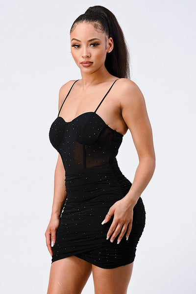 Glenda Glitter Glam 93% Nylon 7% Spandex Luxe Glitter Front Mesh Ribbed Cami Mini Dress (Black)