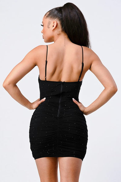 Glenda Glitter Glam 93% Nylon 7% Spandex Luxe Glitter Front Mesh Ribbed Cami Mini Dress (Black)