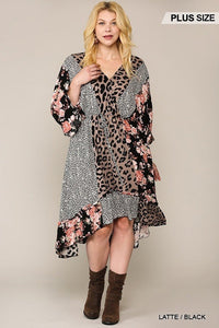 Plus Size Lovely Ladies 100% Rayon Leopard Floral Mixed Print Hi-Low Waist Tie Midi Dress