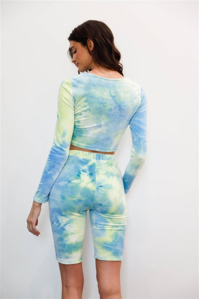 Our Best 95% Polyester 5% Spandex Multicolor Tie-dye Velvet Cropped Long Sleeve Top & Biker Shorts Two Set (Green)