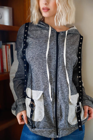 Belt & Reversed Details Zip-up Hooded Sweater