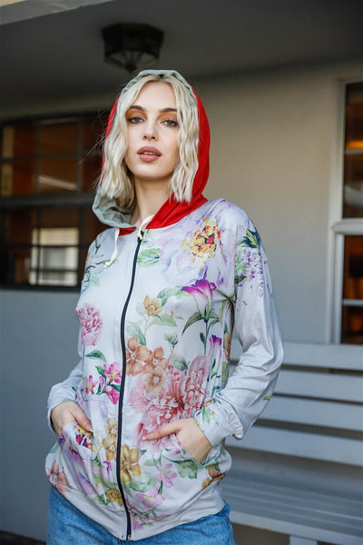 Our Best 96% Polyester 4% Spandex Sage & Red Pink Flower Print Contrast Double Hooded Sweater (Pink Flower)