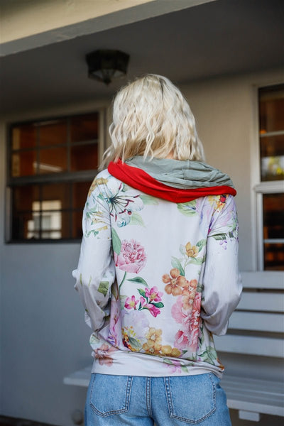 Our Best 96% Polyester 4% Spandex Sage & Red Pink Flower Print Contrast Double Hooded Sweater (Pink Flower)