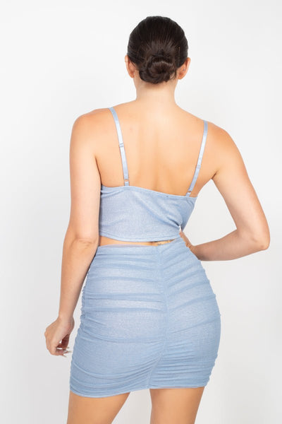 Our Best 95% Polyester 5% Spandex Sleeveless Shirred Cami Top & Mini Skirt Two Piece Set (Dusty Blue)