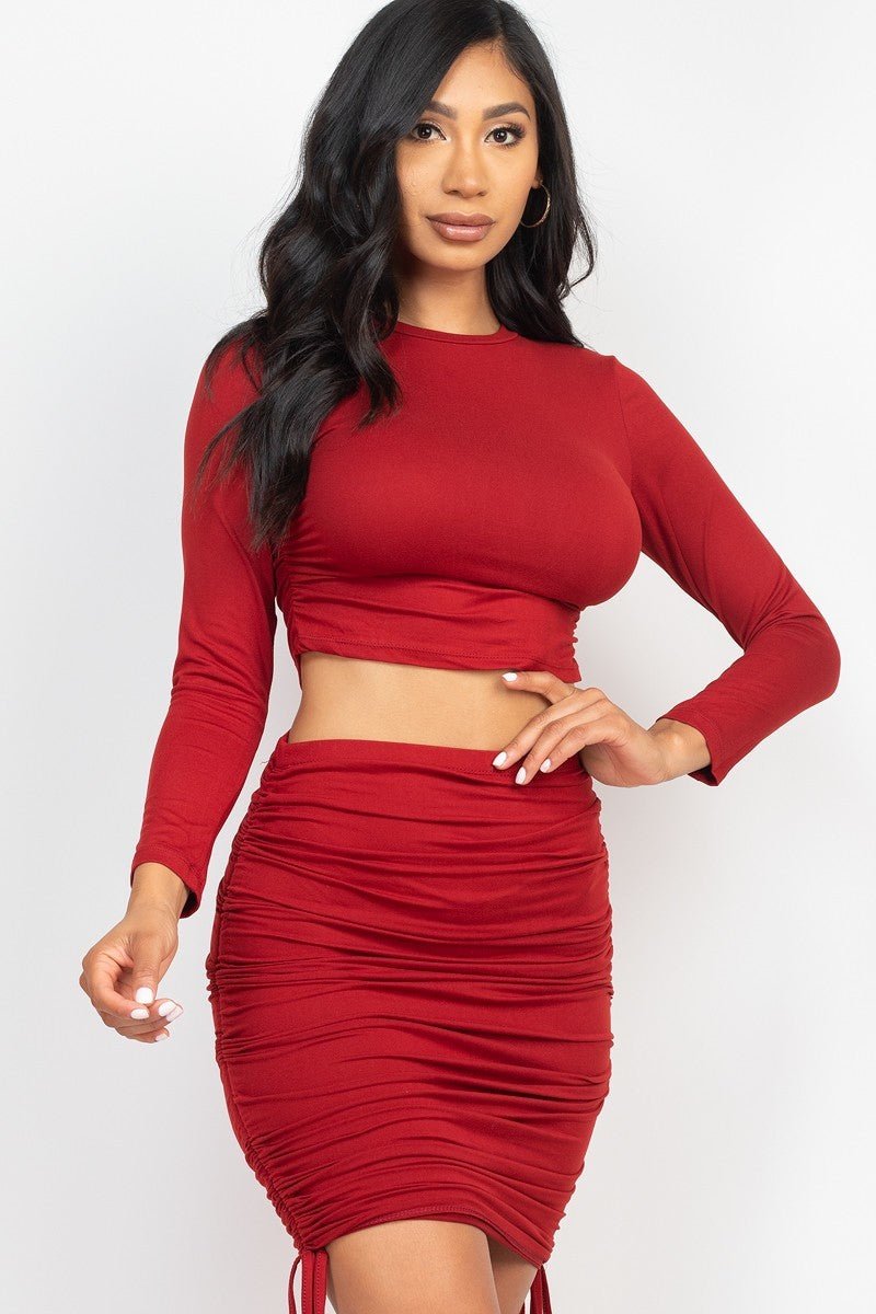 Our Best Polyester/Spandex Ruched Detail Crop Top and Drawstring Skirt Two Piece Set (Winery)