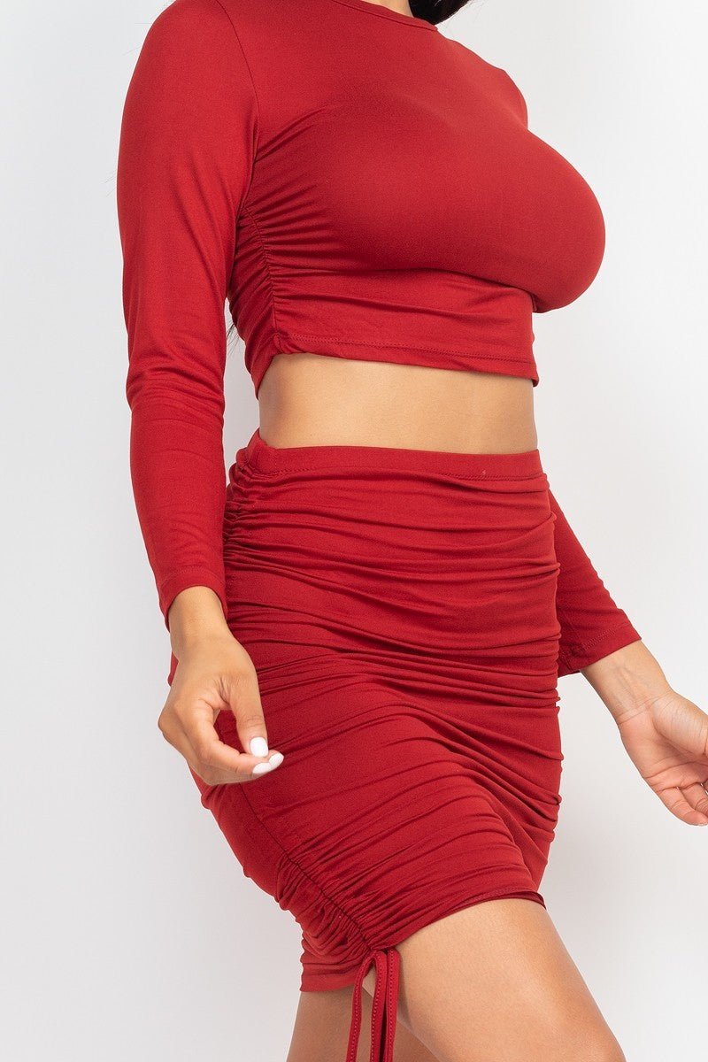 Our Best Polyester/Spandex Ruched Detail Crop Top and Drawstring Skirt Two Piece Set (Winery)