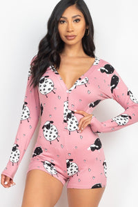 Cassie Cutie-Pie Polyester/Spandex V-neckline Stretch Jersey Fabric Sheep Print Button Romper (Rosy Pink)