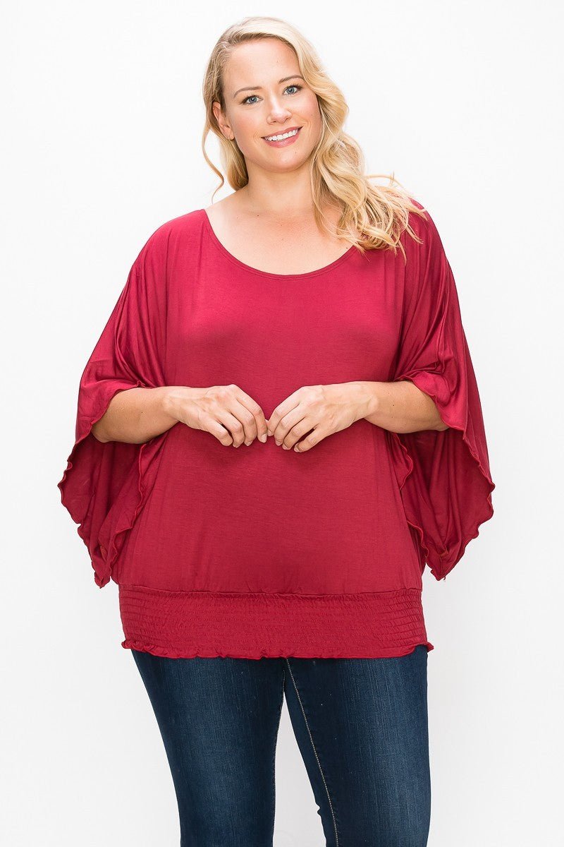 Plus Size Lovely Ladies 94% Rayon 6% Spandex Solid Color Rib Knit Top Flattering Wide Sleeve Top (Red)