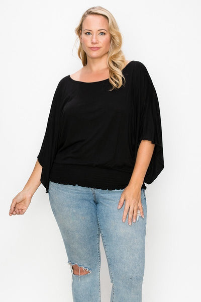 Plus Size Lovely Ladies 92% Polyester 8% Spandex Solid Color Rib Knit Top Flattering Wide Sleeve Top (Black)