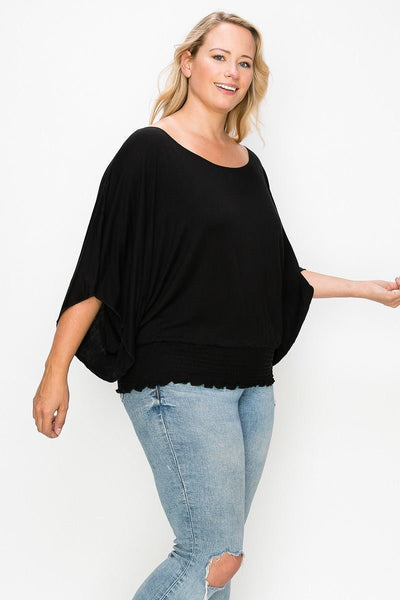 Plus Size Lovely Ladies 92% Polyester 8% Spandex Solid Color Rib Knit Top Flattering Wide Sleeve Top (Black)