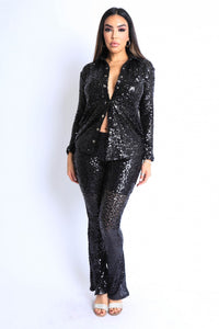 Our Best 92% Polyester 8% Spandex Sequin Button Down Shirt and Pant Two Piece Jumpsuit Set (Black)