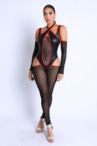Sandra Shocking 92% Polyester 8% Spandex Sequin Button Down Cutout Detail Halter Mesh Off Shoulder Jumpsuit Pant Set (Black/Red)