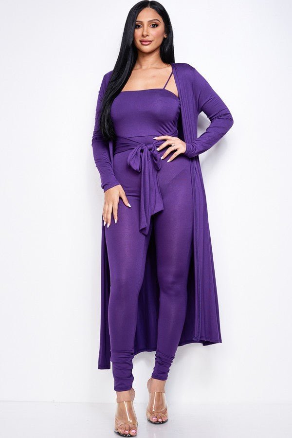 Solid Heavy Rayon Spandex Spaghetti Strap Jumpsuit With Waist Tie and Duster 2 Piece Set (Eggplant)
