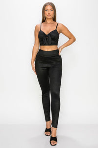 Our Best 95% Polyester 5% Spandex Sweetheart Neckline Embossed Snake Print Top And Leggings Two Piece Set (Black)