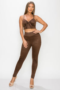 Our Best 95% Polyester 5% Spandex Sweetheart Neckline Embossed Snake Print Top And Leggings Two Piece Set (Chocolate)