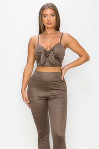 Our Best 95% Polyester 5% Spandex Sweetheart Neckline Embossed Snake Print Top And Leggings Two Piece Set (Mocha)