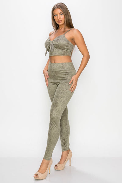 Our Best 95% Polyester 5% Spandex Sweetheart Neckline Embossed Snake Print Top And Leggings Two Piece Set (Sage)