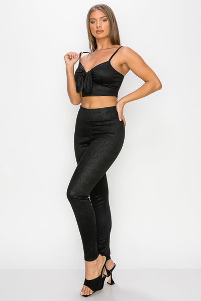 Our Best 95% Polyester 5% Spandex Sweetheart Neckline Embossed Snake Print Top And Leggings Two Piece Set (Black)
