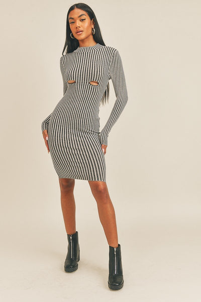 Paula Peek-A-Boo 95% Polyester 5% Spandex Long Sleeve Stripe Print Midi Dress (Black/White)