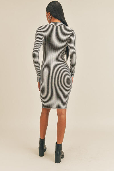 Paula Peek-A-Boo 95% Polyester 5% Spandex Long Sleeve Stripe Print Midi Dress (Black/White)