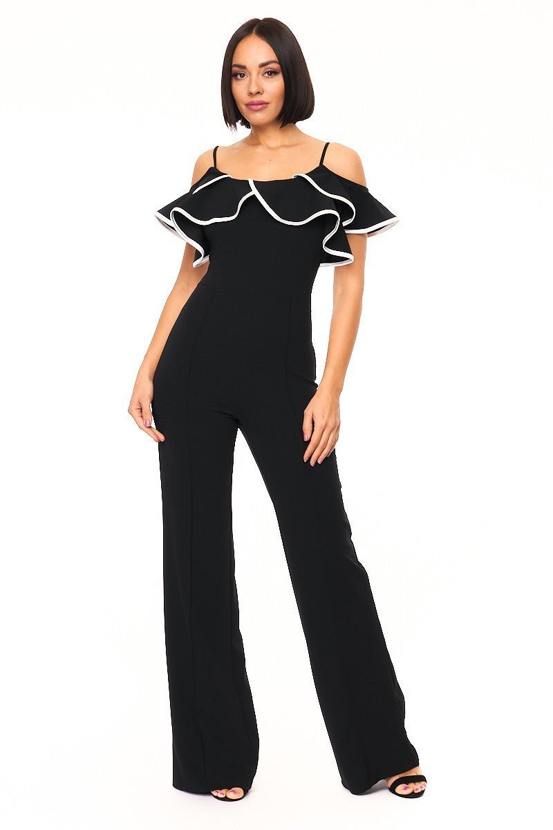 The Sophia Sophisticate 95% Polyester 5% Spandex Adjustable Cami Straps Sleeveless Color Block Binding Ruffle Detail Fashion Jumpsuit (Black)