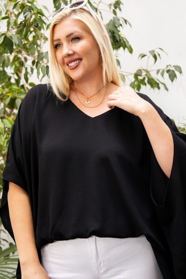 Plus Size Lovely Ladies 100% Polyester V-Neck Dolman Sleeves Front Waist Elastic Solid Top (Black)