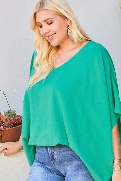 Plus Size Lovely Ladies 100% Polyester V-Neck Dolman Sleeves Front Waist Elastic Solid Top (Jade)