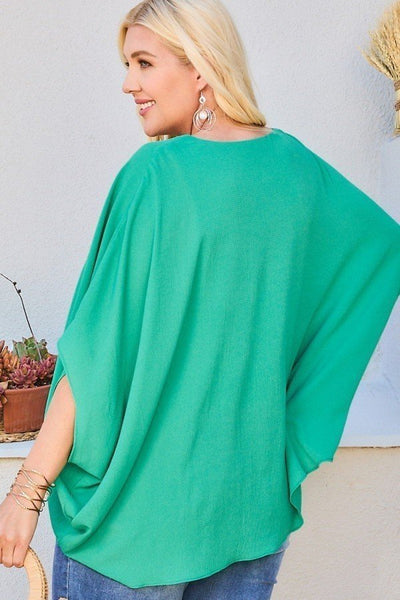 Plus Size Lovely Ladies 100% Polyester V-Neck Dolman Sleeves Front Waist Elastic Solid Top (Jade)