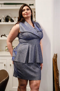 Plus Size Lovely Ladies 95% Polyester 5% Spandex Wide Collar V-Neckline Sleeveless Glitter Bespangled Mini Dress (Royal)