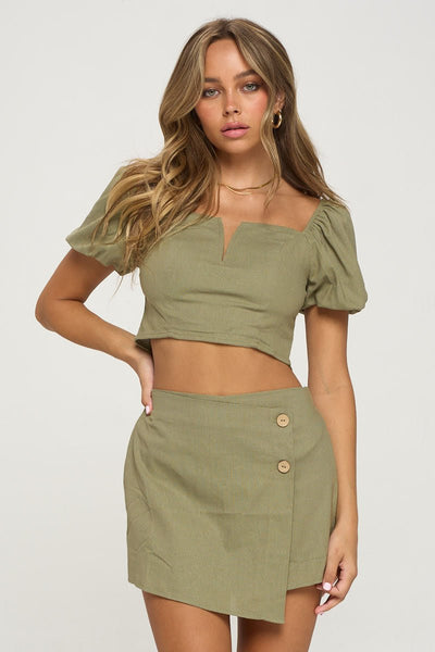 Our Best 45% Polyester 10% Rayon 40% Linen 5% Spandex V-bar Short Puff Sleeve Square Neckline Top & Skorts Two Piece Set (Olive)