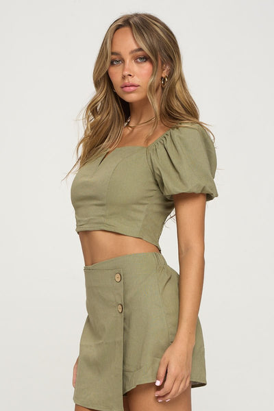 Our Best 45% Polyester 10% Rayon 40% Linen 5% Spandex V-bar Short Puff Sleeve Square Neckline Top & Skorts Two Piece Set (Olive)