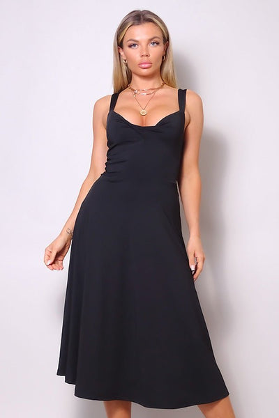 Our Best 85% Polyester 15% Spandex Sleeveless Sweetheart Neckline Twist Front A Line Midi Dress (Black)