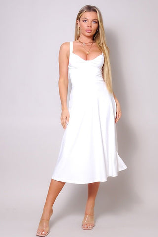 Our Best 85% Polyester 15% Spandex Sleeveless Twist Front A Line Skirt Silhouette Midi Dress (Ivory)