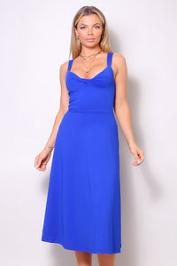 Our Best 85% Polyester 15% Spandex Sleeveless Twist Front A Line Skirt Silhouette Midi Dress (Royal)