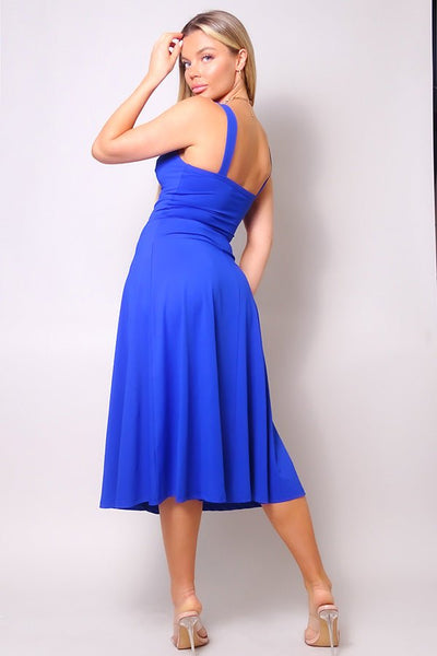 Our Best 85% Polyester 15% Spandex Sleeveless Twist Front A Line Skirt Silhouette Midi Dress (Royal)