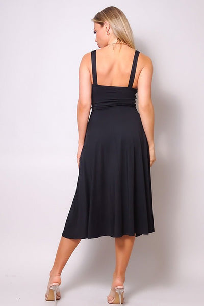 Our Best 85% Polyester 15% Spandex Sleeveless Sweetheart Neckline Twist Front A Line Midi Dress (Black)
