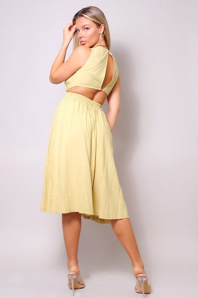 Our Best 55% Cotton 45% Linen Sleeveless Back Round Neckline Cutout Detail Button Closure Midi Dress (Canary)