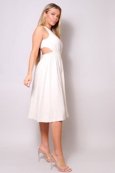 Our Best 55% Cotton 45% Linen Sleeveless Back Round Neckline Cutout Detail Button Closure Midi Dress (Heather Pearl)