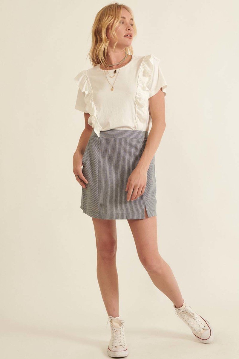 Our Best Cotton Spandex Blend Belted Pocket Solid Color Mini Skirt (Denim Blue)