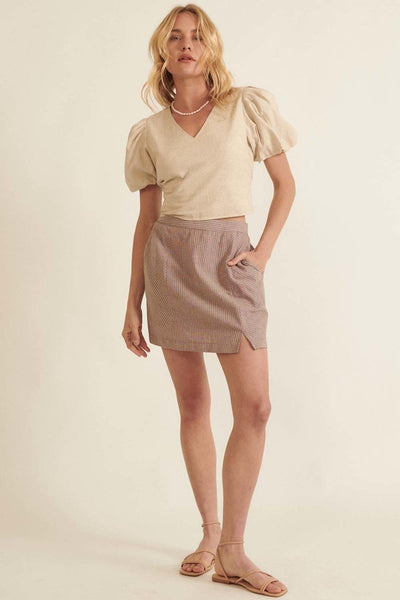 Barbie Barbaranne 95% Polyester 5% Spandex Banded Front Waist Pinstripe Slit Detail Mini Skirt (Chocolate)