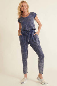 Our Best 100% Rayon Scoop Neckline Short Raglan Sleeve Mineral Washed Relaxed Fit Drawstring Waist Jumpsuit (Denim Blue)