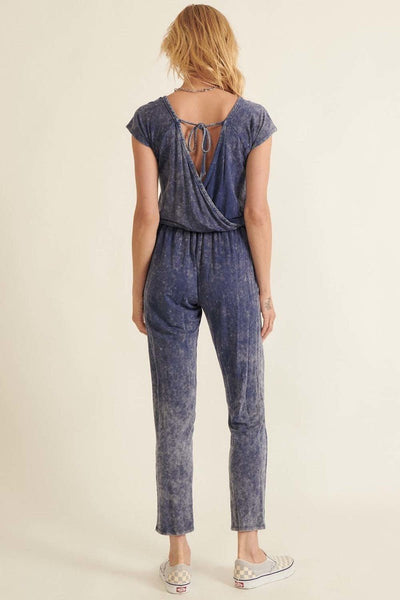 Our Best 100% Rayon Scoop Neckline Short Raglan Sleeve Mineral Washed Relaxed Fit Drawstring Waist Jumpsuit (Denim Blue)