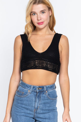 Our Best 100% Cotton Sleeveless V-Neck Textured Crop Sweater Tank Top (Black)
